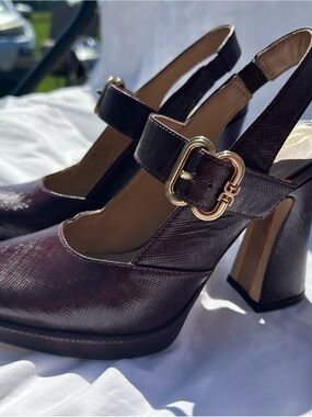 Sam Edelman Burgundy Slingback Mary Jane Heels with Gold Buckle